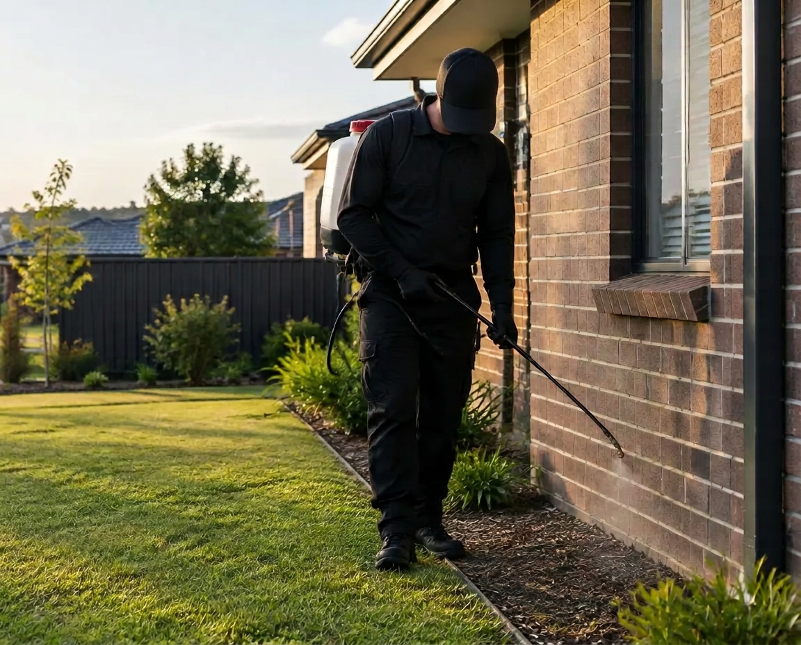 Illustrative stand-in of an anonymous technician treating outside a brick home